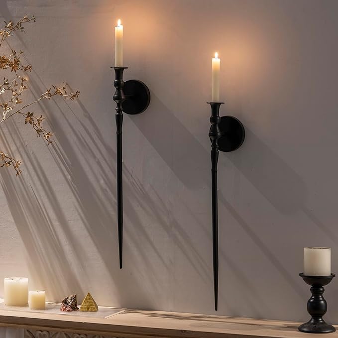 Tim&Lin Wall Sconce Candlestick Holder Set of 2, Large Black Scepter Gothic Design Metal Wall Candle Holder, Home Wall Decoration for Living Room, Bathroom, Dining Room