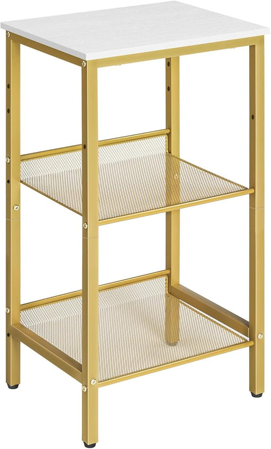 HOOBRO Side Table, 3-Tier Tall End Telephone Table with Adjustable Mesh Shelves, Small Entry Table for Living Room Bedroom Hallway or Office, White and Gold DW01DH01G1