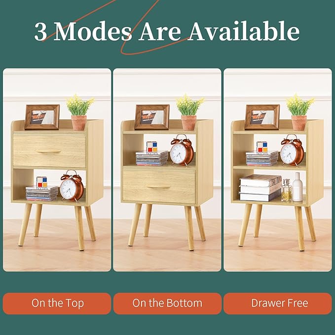 Yoobure Modern Nightstand with Fabric Drawer, Bedside Tables, Mid Century Nightstand with Open Storage Shelf, Wood Bedside Table, Small Night Stands for Bedrooms, 2-Tier Night Table