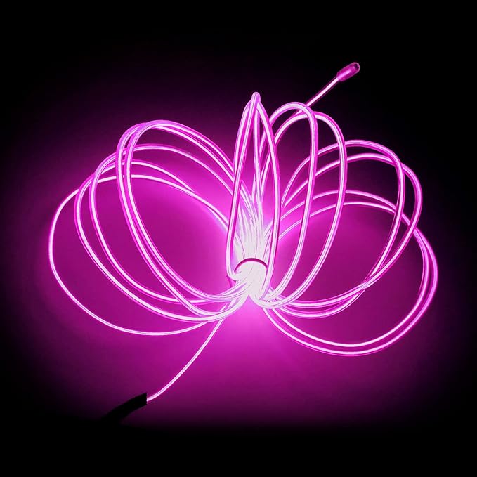 MaxLax EL Wire Pink, 2M Portable Battery Pack Neon Light Strip 360° Cuttable Glowing Rope Lights for Parties, Halloween, DIY Decoration
