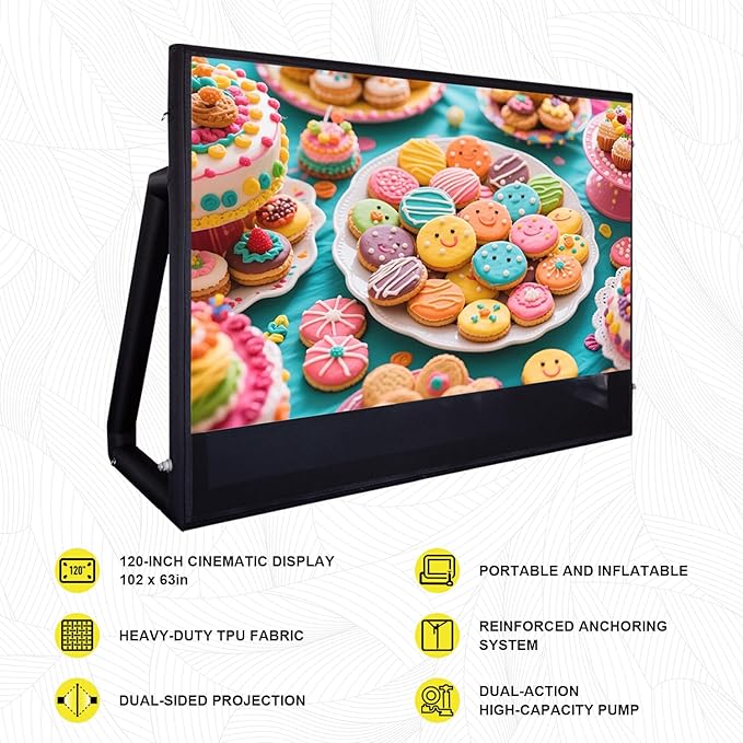 Inflatable Projector Screen I Air-Tight No-Blower Design,Made from TPU Tarpaulin, 120 inch (Equivalent to 16ft) for Indoor & Outdoor Use Backyard, Pool, Party, Camping, Movie Night Parties