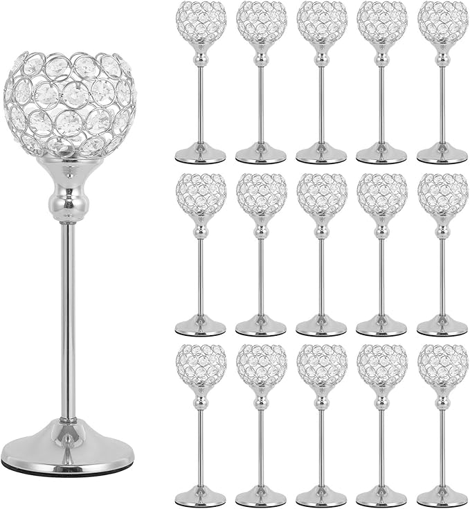VINCIGANT 16PCS Candle Holders Silver for Wedding Centerpieces,Bling Decor Crystal Silver Tealight Candle Holder for Home Fireplace Coffee Table Mantle Decor candelabros de mesa