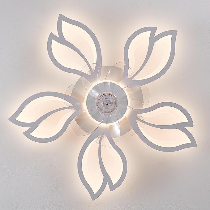 Ceiling Fan with Lights Remote Control, 26" White Low Profile Ceiling Fan with Light, Modern Leaf Geometric Flush Mount Ceiling Fan for Kitchen Bedroom