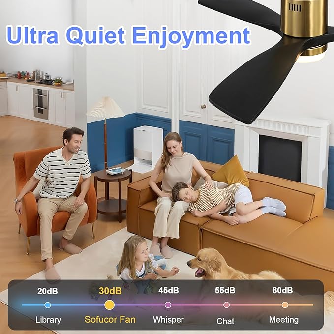 Sofucor 52 Inch Ceiling Fans with Lights, Flush Mount Black Indoor/Outdoor Ceiling Fan with Light Remote Control, Reversible DC Motor, 3 Blade Solid Wood Ceiling Fan Light for Bedroom Patio Farmhouse