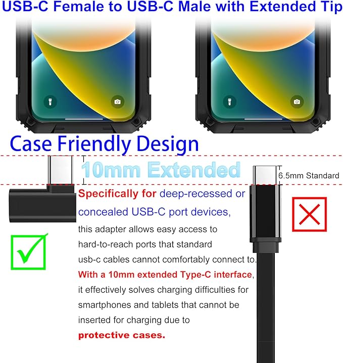 Flat Right Angle 90 Degree USB-C Male 10mm Tip to USB-C Female Adapter, Support 240W PD & 80Gbps Sync & 8K Video for iPhone 17 16 15 Series, Laptops Rugged Phones, Device with Deep Recessed Port