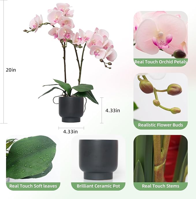 CXGS Orchids Artificial Flowers Real Touch Fake Flowers in Ceramic Pot 20" Pink Faux Orchid Plant Lifelike Silk Phalaenopsis for Centerpiece Hotel Home Indoor Decor