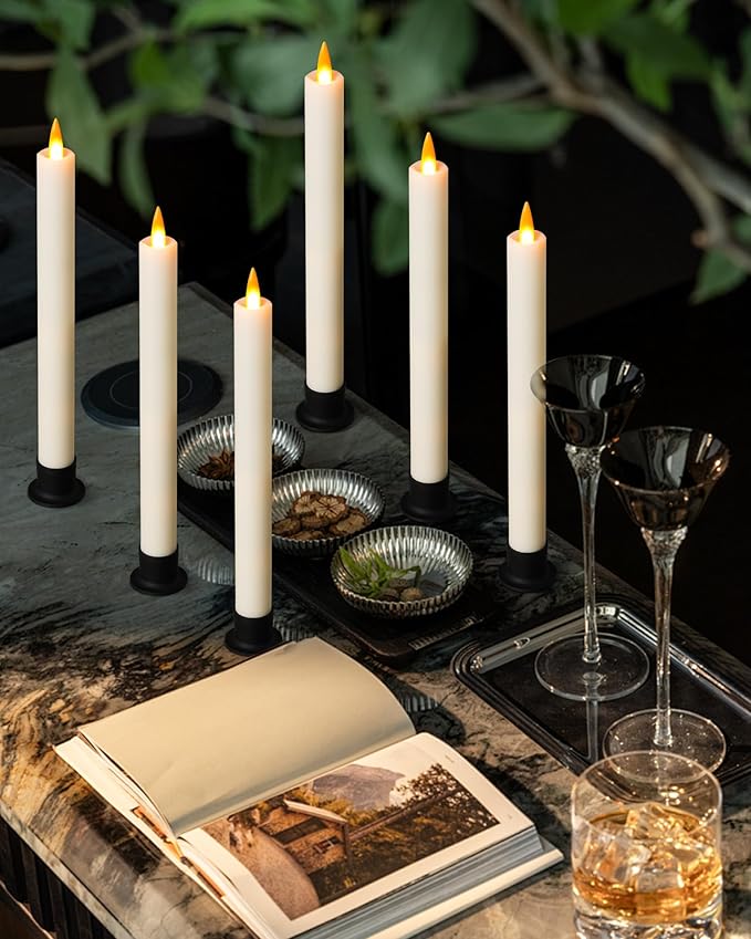 Da by 6 Flameless Window Candles with Remote Controller & Timer, LED Cone Stick Candle, Free 6 Black Bases, 9.6 Inch Battery Powered Christmas Candles for Home, Party, Holidays, Christmas Decoration
