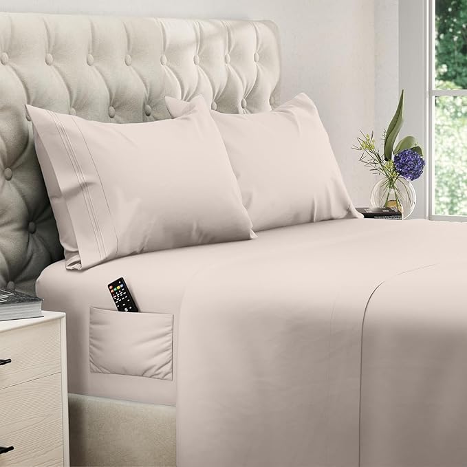 DREAMCARE Full Size Sheets Set - 4 Pcs Cooling Bed Sheets with Up to 15" Deep Pockets - Soft, Long-Lasting 100% Brushed Polyester with Side Pocket (Beige)
