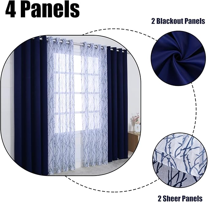 BONZER Mix and Match Curtains - 2 Pieces Branch Print Sheer Curtains and 2 Pieces Blackout Curtains for Bedroom Living Room Grommet Window Drapes, 54x63 Inch/Panel, Indigo, Set of 4 Panels
