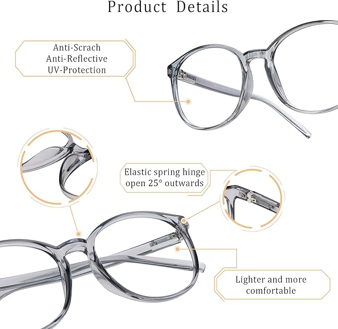 LifeArt Round Blue Light Blocking Glasses, Computer Glasses, Gaming Glasses, TV Glasses for Women Men (Clear Gray, 3.00 Magnification)