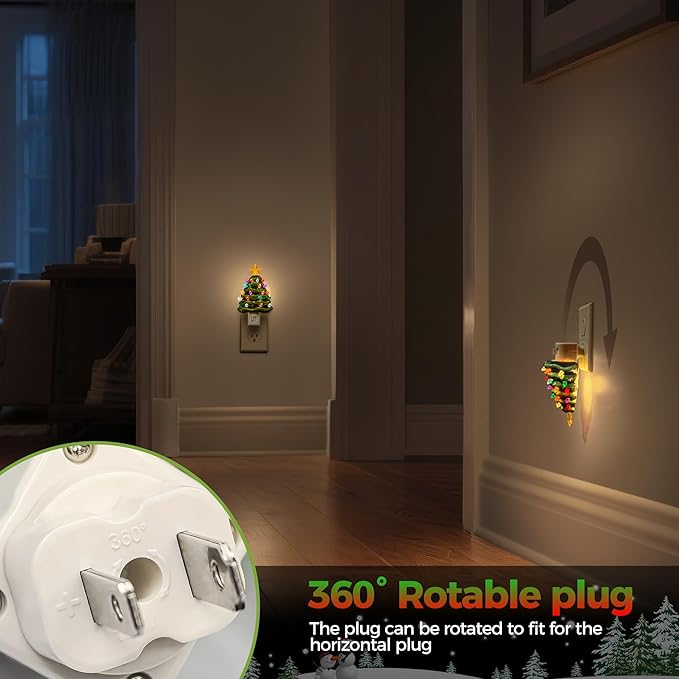 DORESshop Ceramic Christmas Tree Night Light, 3000K Night Lights Plug into Wall, Cute & Funny Christmas Decor Night Light for Kids, Plug in Nightlight with 360° Rotatable, Holiday Party Decor, 2 Pack