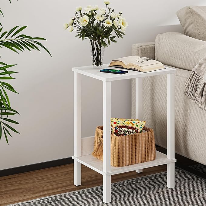 End Table, Side Table, Set of 2, Nightstands with 2-Tier Storage Shelves, Sofa Tables for Small Space, Coach Table for Living Room Bedroom, White UTBT101W2