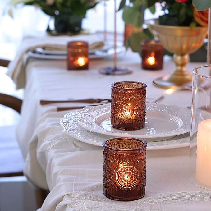 DEVI 48 Pcs Amber Votive Candle Holders Bulk, Boho Fall Wedding Party Decorations, Glass Tea Lights Candle Holder, Christmas Thanksgiving Party Home Table Decor
