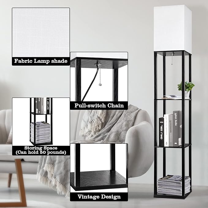 RUNTOP Floor Lamp with Shelves, Shelf Lamp with 3 Color Temperature LED Bulb,Floor-Lamp for Living Room, Modern Tall Standing Display Shelf Floor Lamps for Bedroom, Office (Black)
