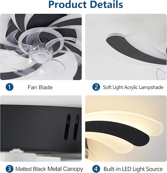 Ceiling Fan with Lights Remote Control, Black Modern Ceiling Fan with Light, 3 Light Color 6 Speeds Low Profile Flush Mount Ceiling Fan for Kitchen Bedroom Living Room