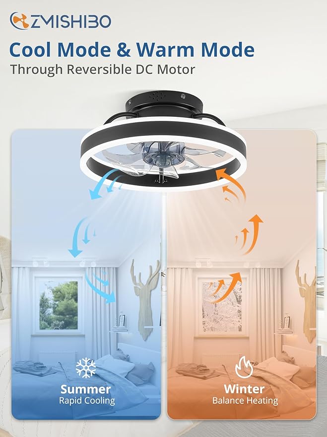 ZMISHIBO Low Profile Ceiling Fans with Lights and Remote, 13 Inch Fandelier Ceiling Fan with Light, Black Modern Flush Mount Ceiling Fan, Small Dimmable LED Fan Lights for Bedroom