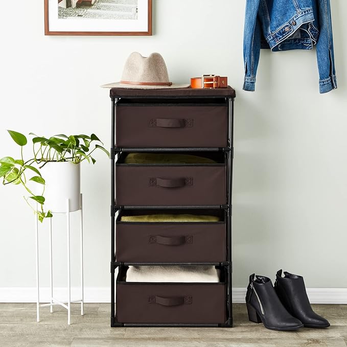 Juvale 4-Tier Closet Organizers & Storage Dresser - 16.5 in L x 13 in W x 33 in H, Dark Brown, Modern - Fabric Drawers for Bedroom Storage & Closet - Metal Frame Clothes Dresser for Narrow Spaces