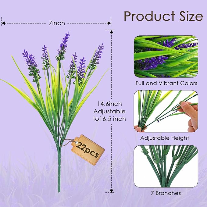 22 Pcs Artificial Outdoor Flowers UV Resistant Lavender Fake Greenery Plants Grass with Purple Flowers for Pot Decor for Window Garden Patio Hanging Planter Pathway Front Porch (22, Purple)