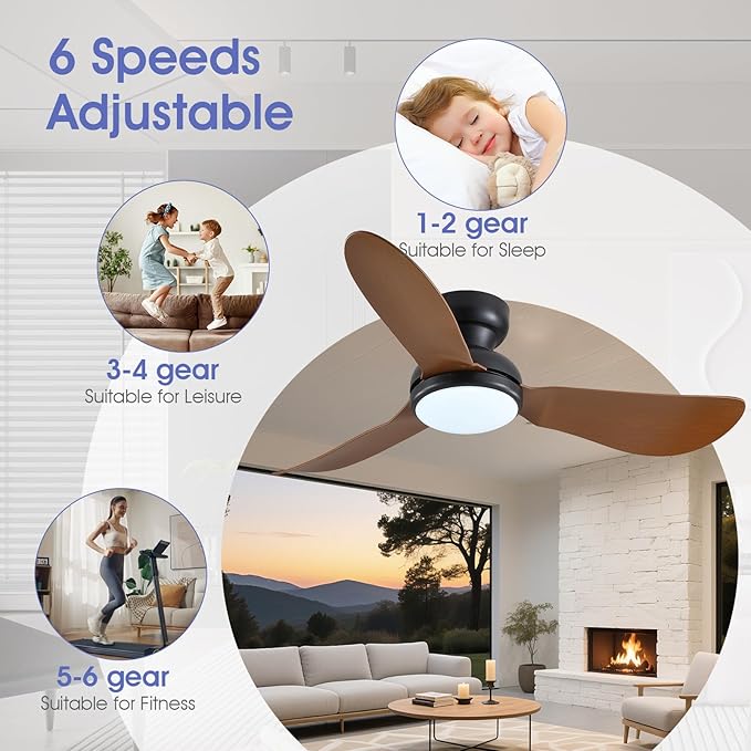 46 Inch Modern Ceiling Fans with Lights, Flush Mount Ceiling Fan with Remote/APP Control, 3 Reversible Curved Blades, 6 Speeds, 3 CCT, Dimmable LED Lights for Living Room Bedroom, Brown