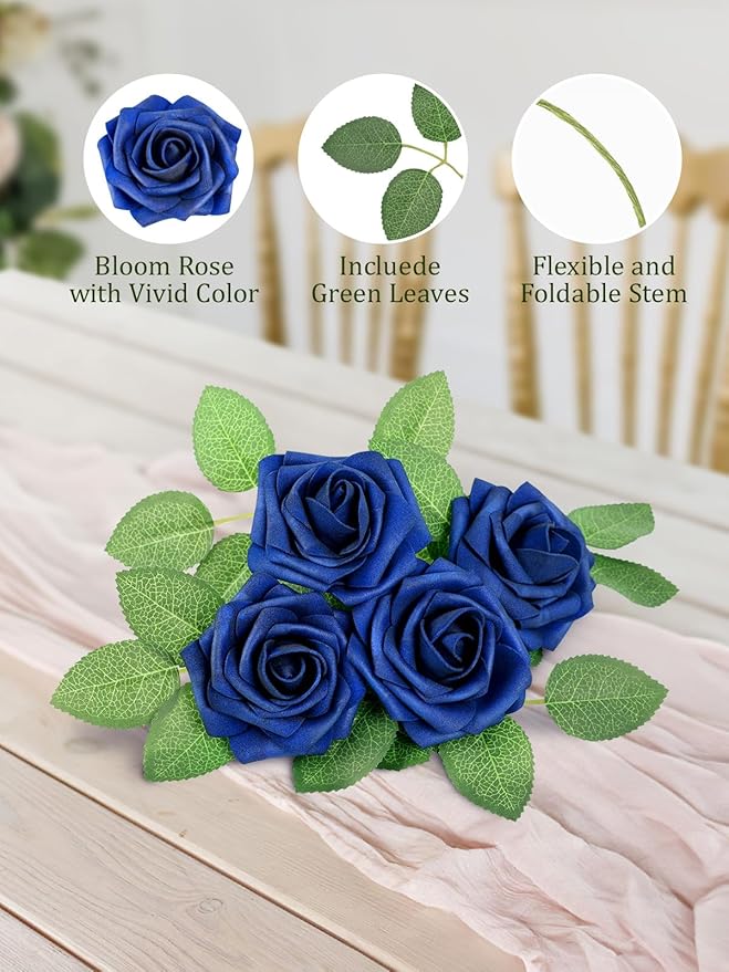 MACTING Artificial Flower Roses 30PCS Real Touch Fake Flowers with Stem Foam Roses for DIY Wedding Bouquets Backdrop Party Bridal Shower Spring Home Mothers Day Decorations(Dark Royal Blue)