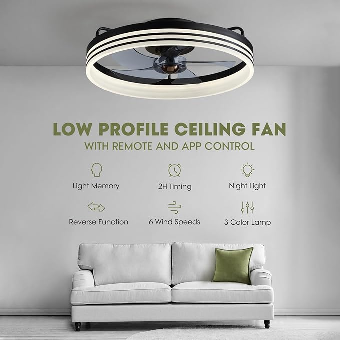 Ceiling Fans with Lights, Flush Mount Ceiling Fan with Lights and Remote, 6 Wind Speeds Smart Low Profile Ceiling Fan for Bedroom, Kids Room and Living Room 20" (Black)