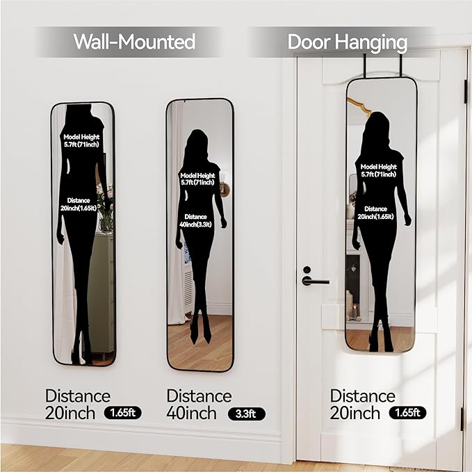 47x14 Mirror Rectangle Full Body Length Door Hanging Wall Mounted Metal Frame Dressing Make-up Mirrors for Entryway Bedroom Bathroom Living Room 47 14 inch Black