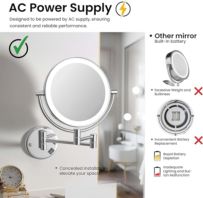 KIBI Circular Wall Mount Makeup Mirror with LED Lights, Dual-Sided 1x/5x Magnifying Mirror with Adjustable Arm, 360° Swivel, Solid Brass Construction for Durability and Style (Chrome, KMM101)