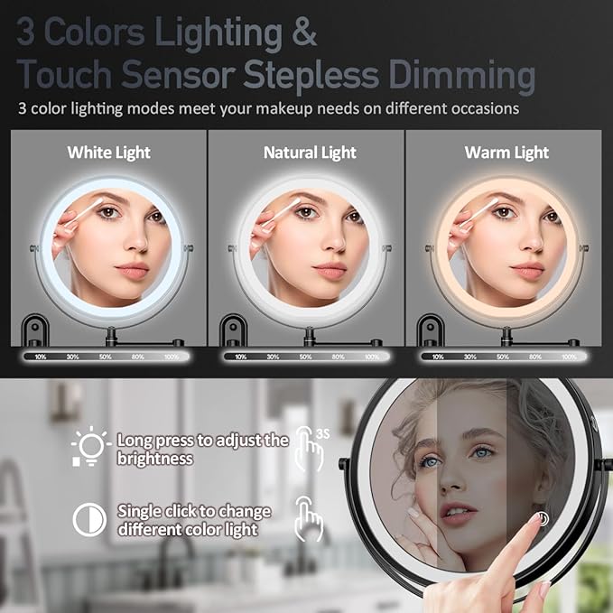 Rocollos Rechargeable Lighted Wall Mounted Makeup Mirror with 3 Color Lights,Dimmable Touch Screen,8 Inch LED Double Sided 1X/10X Magnifying 360°Flexible 13 Inch Retractable