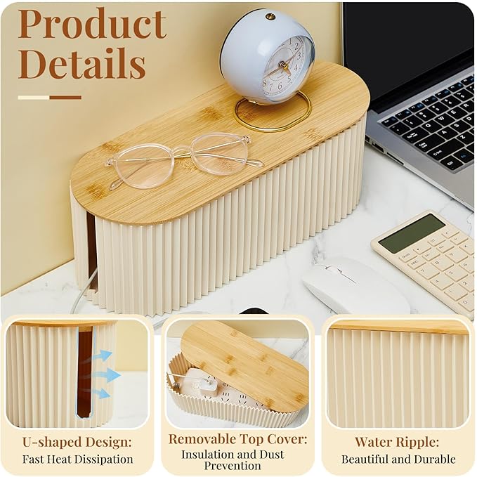 Marsui 2 Pcs Beige Cable Management Organizer Box for Hiding Wires, Home Office Desk Floor Cord Organizer, 11.8 x 5.1 x 4.3 Inch Cord Strip Protect Holder Wire Storage
