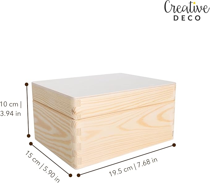 Large Plain Wooden Storage Box with Lid | 7.67x5.90x3.93in (+/-0.39in) | Hinged Lid | Unpainted Gift Box Kitchen Storage | Rough & UNSANDED Wood Keepsake Memory Craft Chest