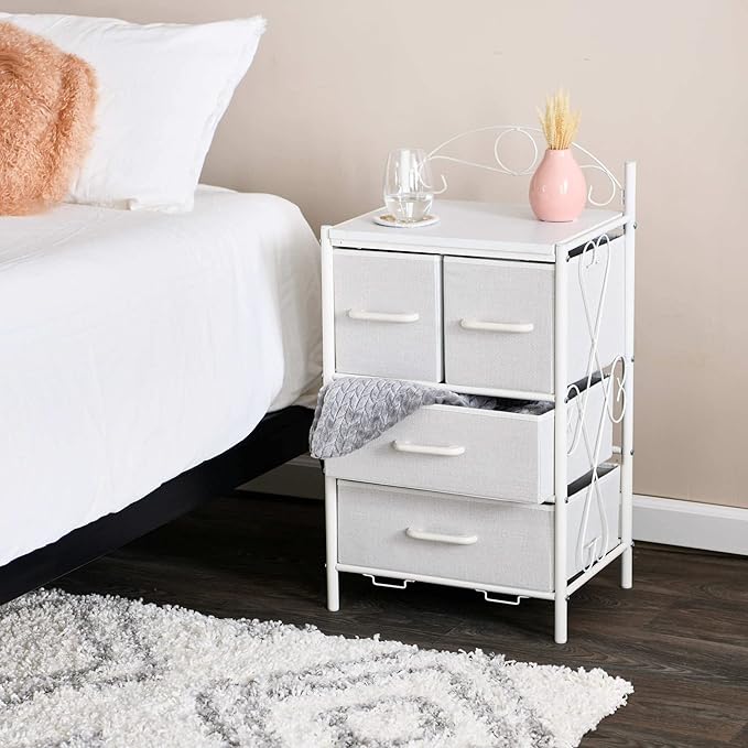 Household Essentials Victoria Dresser Nightstand Storage Organizer with 4 Drawers Metal Frame and Scandinavian White Top