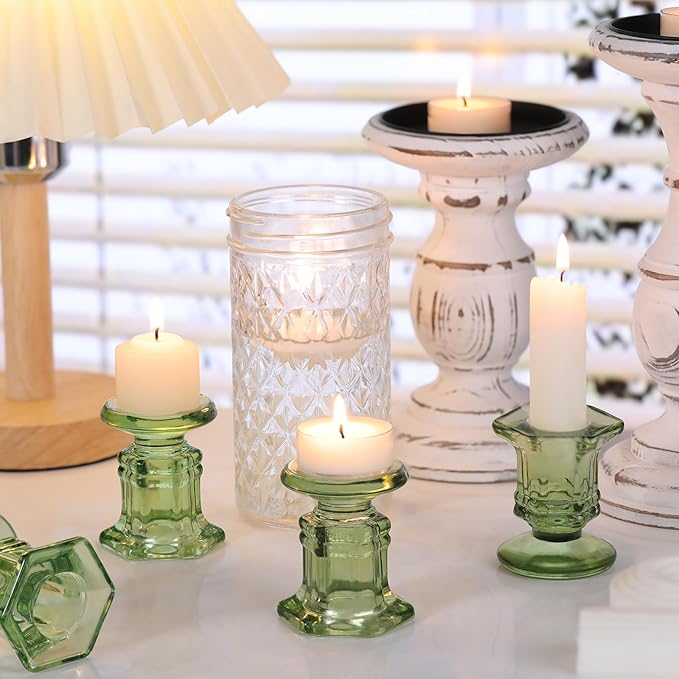 Green Candlestick Holders Bulk, 12 Pcs Glass Candle Holders Set,Crystal Taper Candle Holder for Wedding, Table Centerpiece, Home Decoration