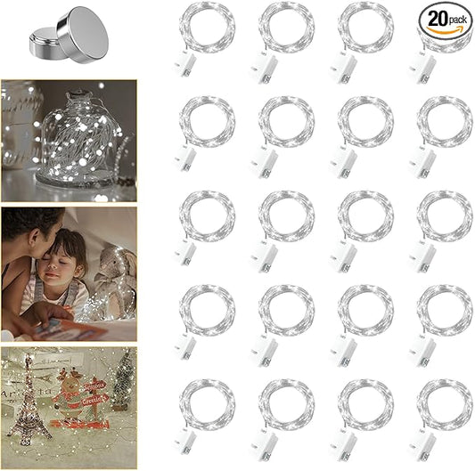 20 Pack Fairy Lights Battery Operated - 3 Speed Modes, 7Ft 20 LED String Twinkle Lights, Waterproof Copper Wire, Mini Firefly Light for Mason Jars Vases Christmas Decor, White