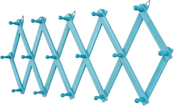 Beachy Coastal Wall Rack with 16 Hanging Hooks, Beach Decorations for Home, Nautical Style Wall Mounted Wood Coat Rack(Rustic Blue)