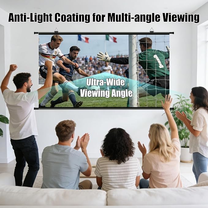 110 inch Projector Screen, XIAOHUI Portable Movie Projector Screen for Outdoor Indoor with 3 pcs Adhesive Hook, 4K Hanging Projection Screen for Room Wall, No Drilling, Anti-Glare Coating, 16:9 HD