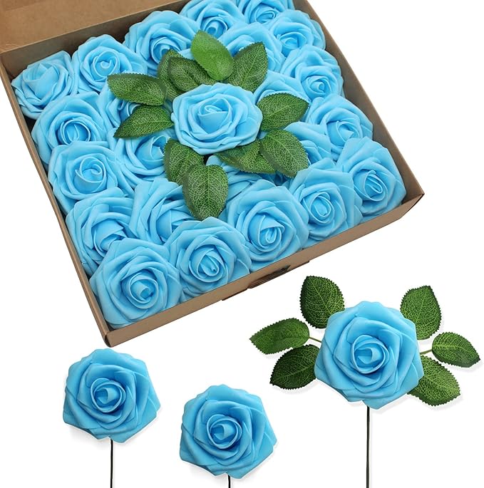 JOYLEX Artificial Flowers Realistic Roses, 25pcs Real Looking Fake Roses with Stem for DIY Wedding Bouquets Centerpieces Bridal Shower Party Home Romantic Decorations (Regular 3" - 25pcs, Light Blue)