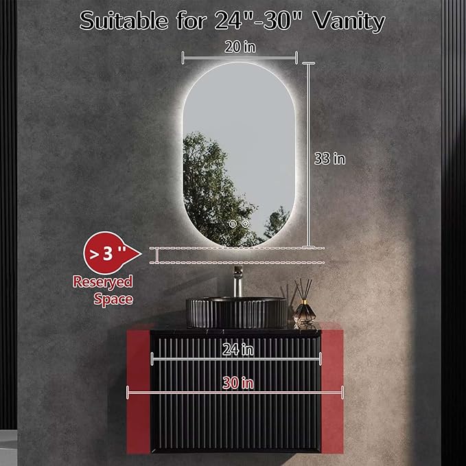 33" x 20" Oval LED Mirror for Bathroom, Backlit Vanity Mirror with Lights, Frameless Smart Wall Mirror, 3 Colors Stepless Dimmable, Anti-Fog, Shatterproof, Memory, CRI95+(Horizontal/Vertical)