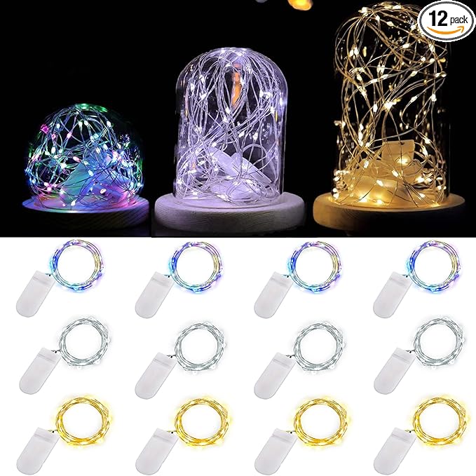 Fairy Lights Battery Operated, 12-Pack Mini String Lights, 20 LED 7ft Twinkle Firefly Small LED Lights for Craft Mason Jars Bedroom Wedding Party Table Christmas Decoration (Mix-Colored)