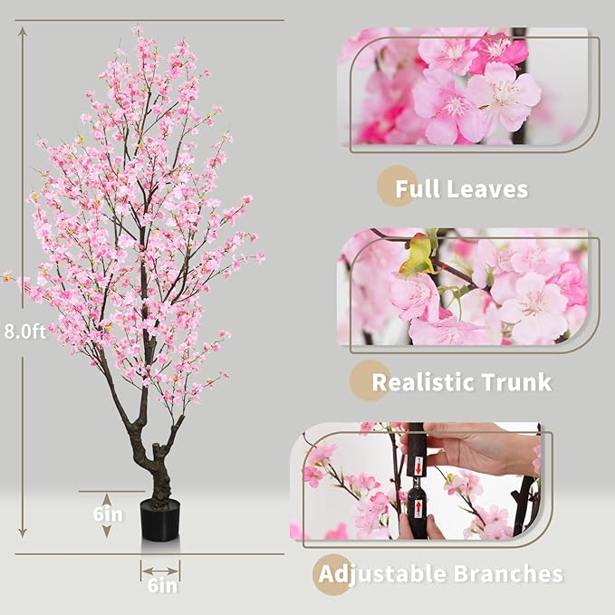 Faux Pink Cherry Blossom Tree 8ft(94in) Tall Artificial Plant Indoor Decor Handmade Natural Sakura Tree for Wedding Realistic Cherry Plant in Pot for Home Living Room,Office,Outdoor Decor.