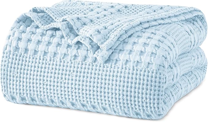 PHF 100% Cotton Waffle Weave Blanket Twin Size for Bed, Soft Lightweight & Breathable, All-Season Comfort, Luxury Aesthetic Woven Bedding for Home Decor, 66"x90", Baby Blue