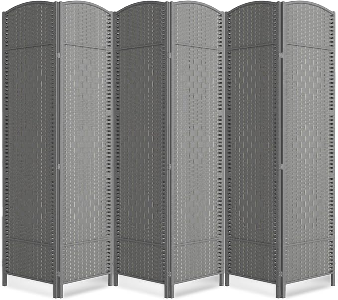 Folding Room Divider, Weave Fiber Privacy Screen, Extra Wide Room Screen Divider Separator, Decorative Separation Wall Divider, Freestanding Room (Grey, 6-Panel)