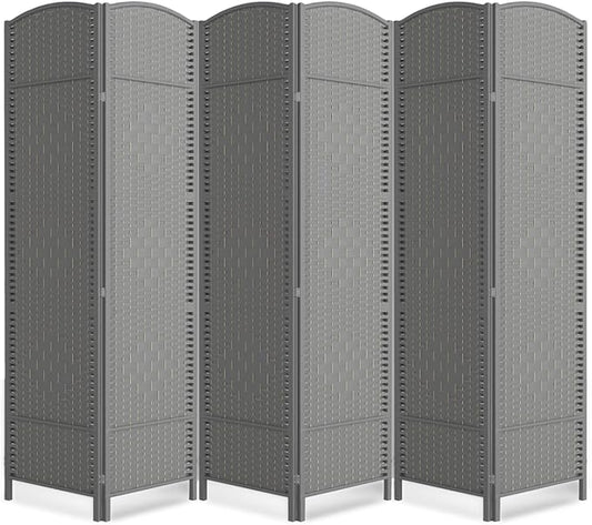 Folding Room Divider, Weave Fiber Privacy Screen, Extra Wide Room Screen Divider Separator, Decorative Separation Wall Divider, Freestanding Room (Grey, 6-Panel)