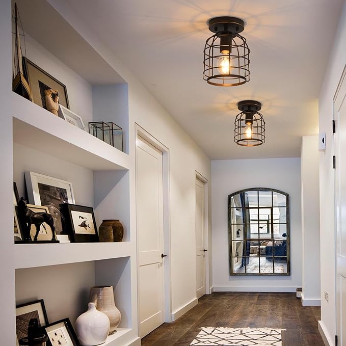 Create For Life® Industrial Vintage Flush Mount Ceiling Light,Rustic Metal Cage Semi Flush Mount Ceiling Lamp Fixture for Hallway Stairway Kitchen Garage, E26, Oil Rubbed Bronze Finish,2 Pack