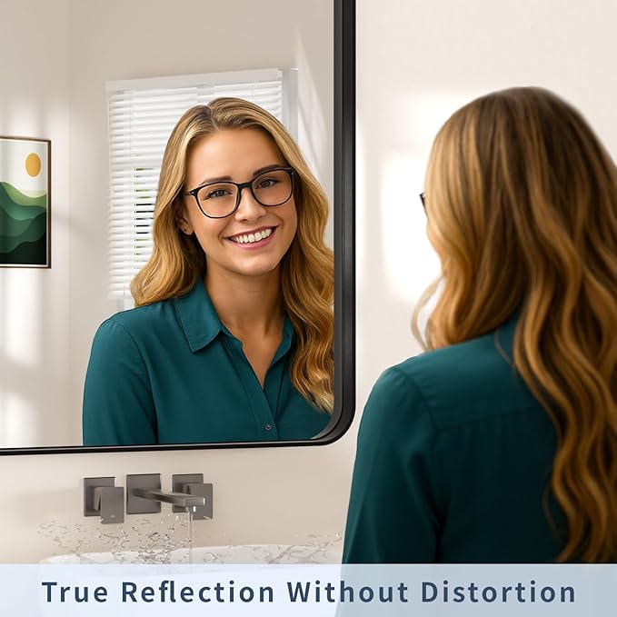 55×30 Black Vanity Mirror for Bathroom Sink - Rectangle Aluminum Frame Mirror with Tempered Glass & Rounded Corners for Living Room, Hallway, Horizontal/Vertical, Home Decor