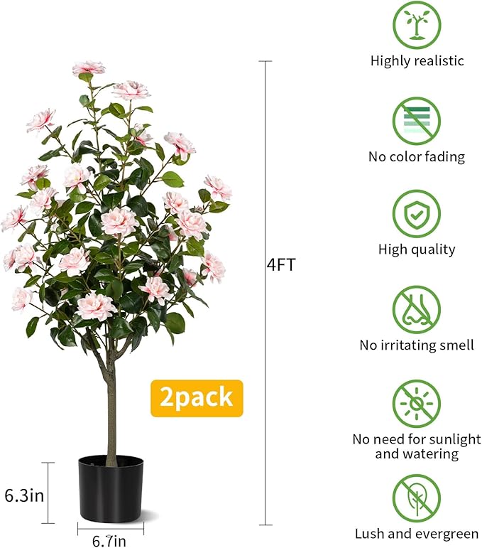 Artificial Camellia Tree 2 Pack, Artificial Plants Outdoor Faux Floral Plant in Cement Pot Fake Silk Camellia Tree Plants for Home House Living Room Office Decor