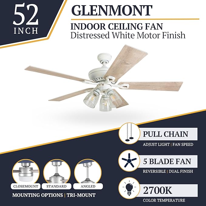 Prominence Home Glenmont, 52 Inch Farmhouse LED Ceiling Fan with Light, Pull Chain, Three Mounting Options, Dual Finish Blades, Reversible Motor - 50389-01 (Distressed White)