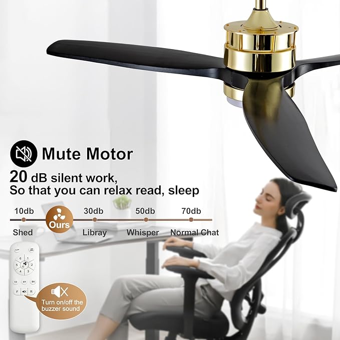 BOJUE 52 Inch Black Gold Ceiling Fans with Lights and Remote, Reversible Quite DC Motor,6 Speeds with Memory Program,Modern Farmhouse Wood Ceiling Fan with Light for Living Room Patio