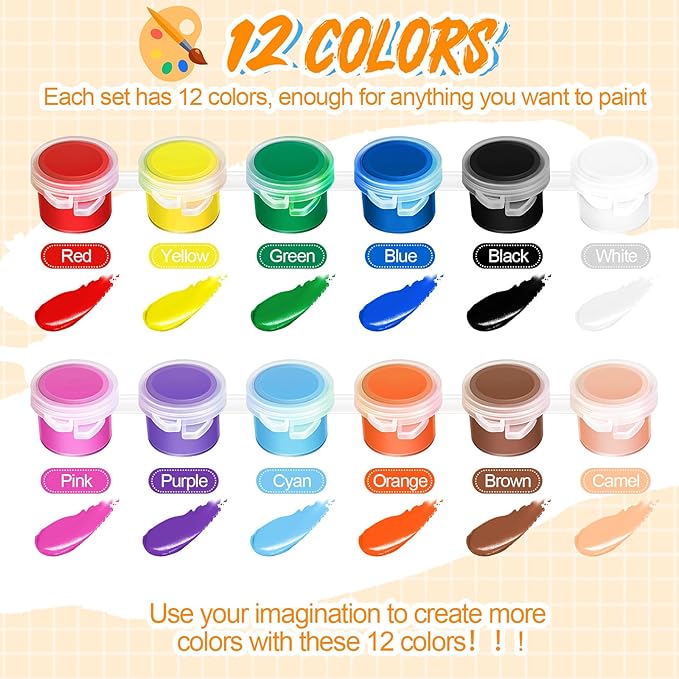 Fulmoon 12 Set Acrylic Paint Kits for Kids Adults Washable Mini Painting Kit Arts Crafts Party Favors Filled Strips Brushes Palettes Bulk for Classroom Home Kit Supplies (Vivid Color)