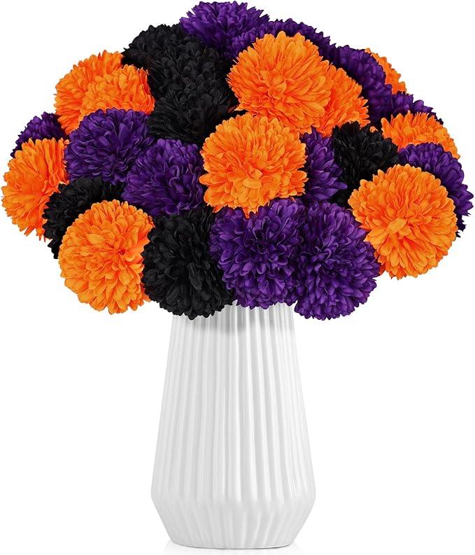 36 Pcs Halloween Artificial Flowers Halloween Chrysanthemums Ball Silk Flowers Black Orange Purple Fake Hydrangea for Halloween Party Home Table Centerpieces Vase Decor