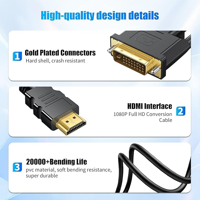 HDMI to DVI Adapter Cable，Bi Directional DVI-D 24+1 Male to HDMI Male Cable，High Speed Adapter Cable Support 1080P Full HD Compatible with Raspberry Pi, Roku, X-Box One, PS3/4/5, Graphics Card
